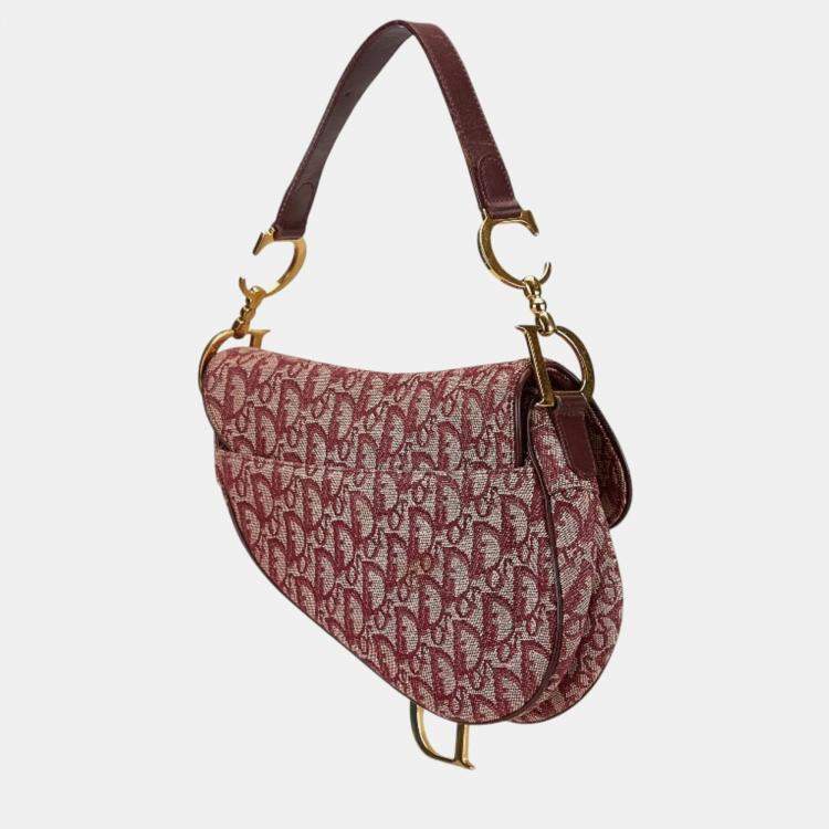 Pre Owned Christian Dior Dior Trotter Saddle Bordeaux Red Canvas Leather Handbag 