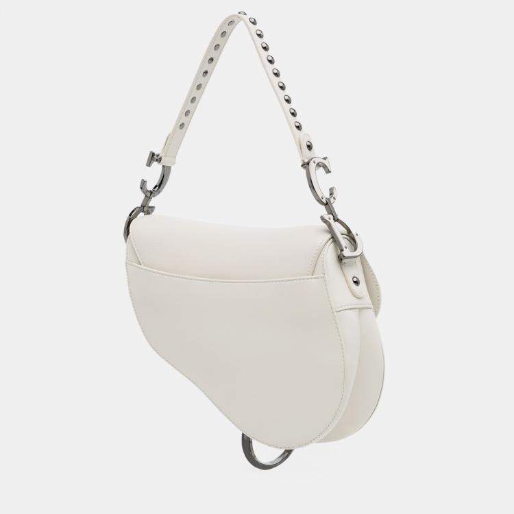 Pre Owned Dior White Studded Leather Saddle Bag