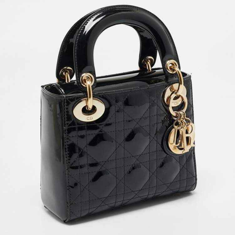 Pre Owned Dior Black Cannage Patent Leather Mini Lady Dior Tote