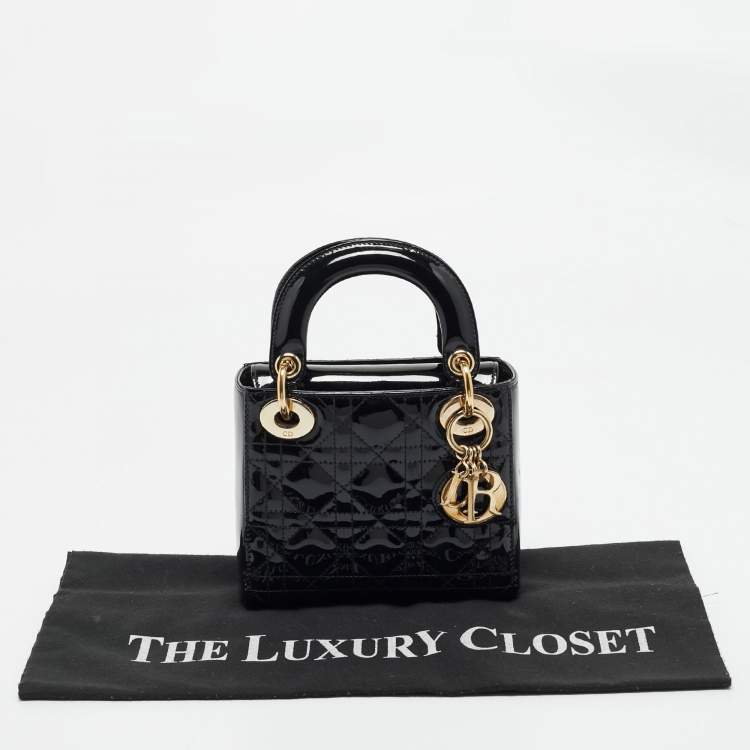 Pre Owned Dior Black Cannage Patent Leather Mini Lady Dior Tote