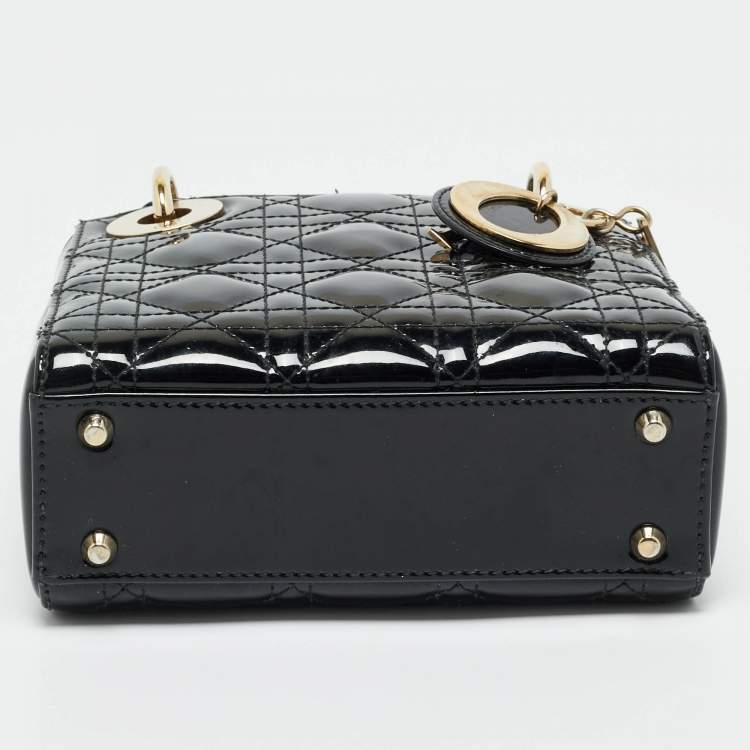 Pre Owned Dior Black Cannage Patent Leather Mini Lady Dior Tote