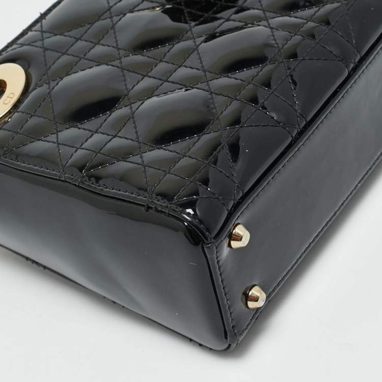 Pre Owned Dior Black Cannage Patent Leather Mini Lady Dior Tote