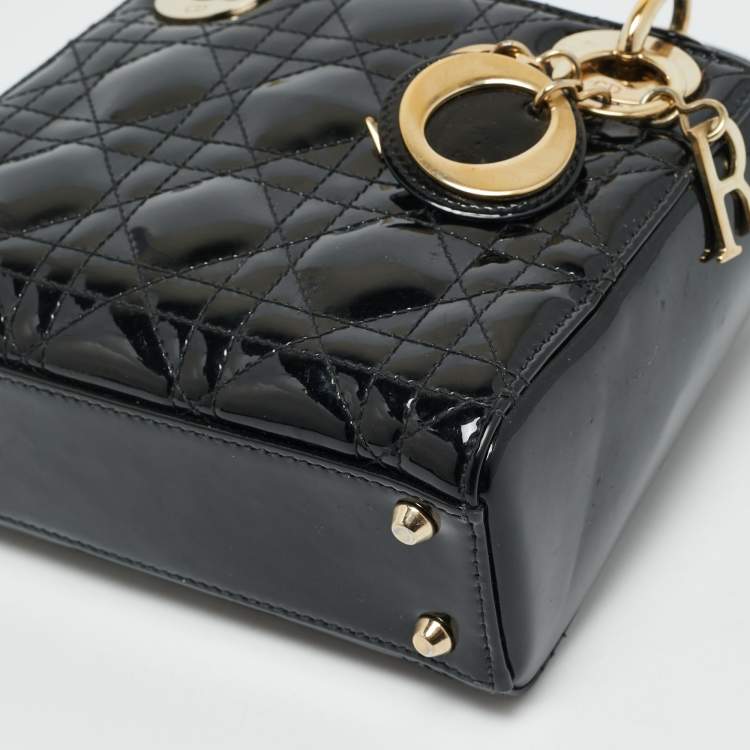 Pre Owned Dior Black Cannage Patent Leather Mini Lady Dior Tote