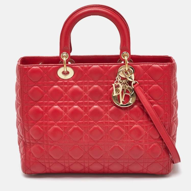 Pre Owned Dior Red Cannage Leather Large Lady Dior Tote