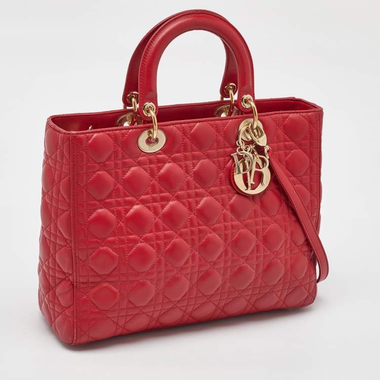 Pre Owned Dior Red Cannage Leather Large Lady Dior Tote