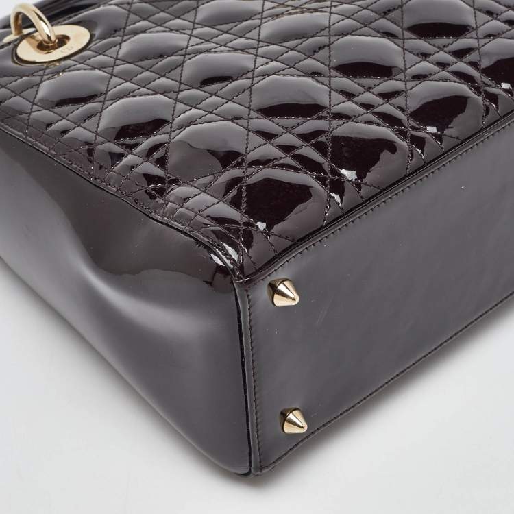 Pre Owned Dior Dark Cherry Cannage Patent Leather Medium Lady Dior Tote  