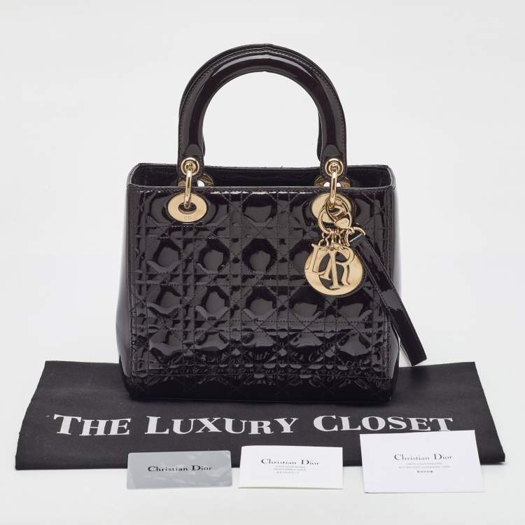 Pre Owned Dior Dark Cherry Cannage Patent Leather Medium Lady Dior Tote  