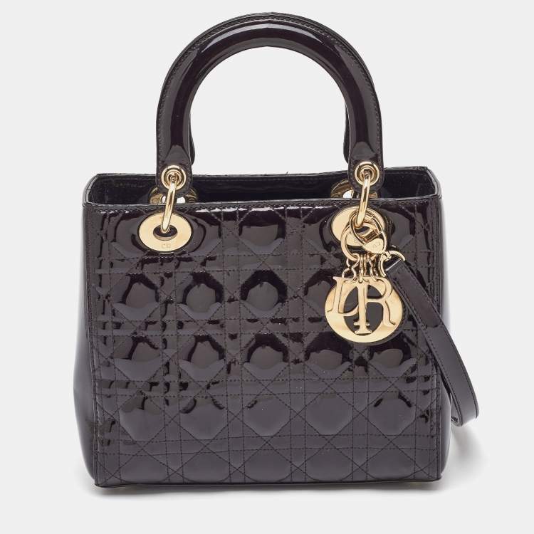 Pre Owned Dior Dark Cherry Cannage Patent Leather Medium Lady Dior Tote  