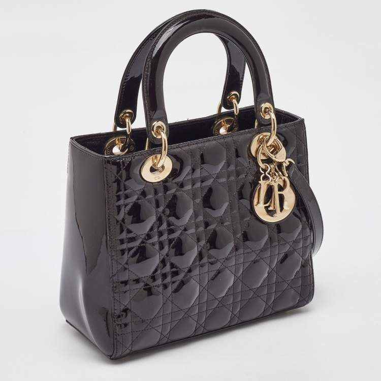 Pre Owned Dior Dark Cherry Cannage Patent Leather Medium Lady Dior Tote  