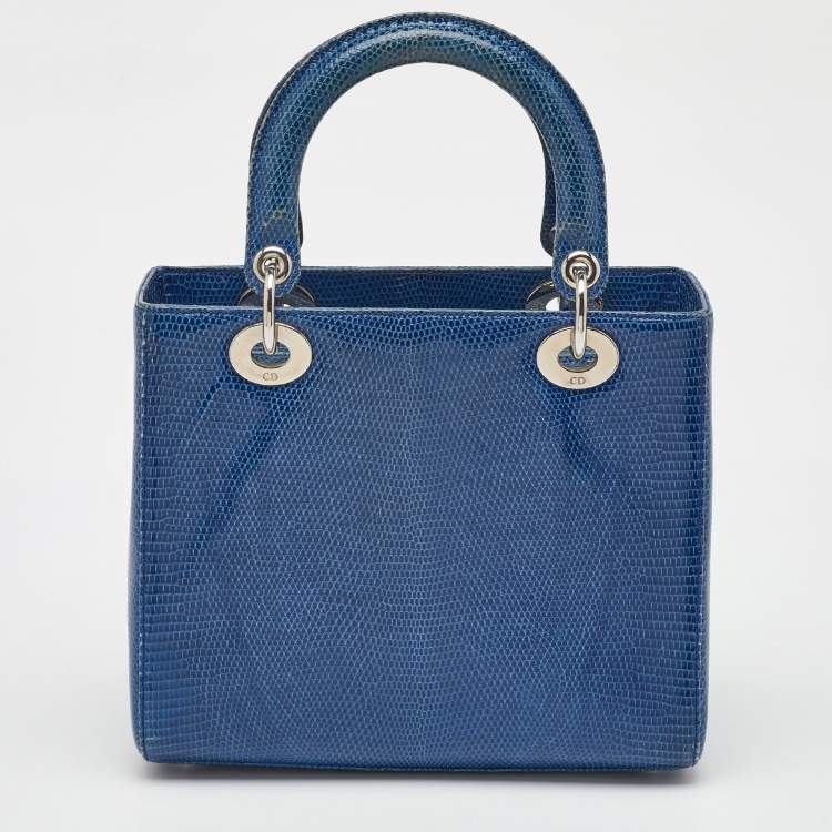 Pre Owned Dior Blue Lizard Leather Medium Lady Dior Tote
