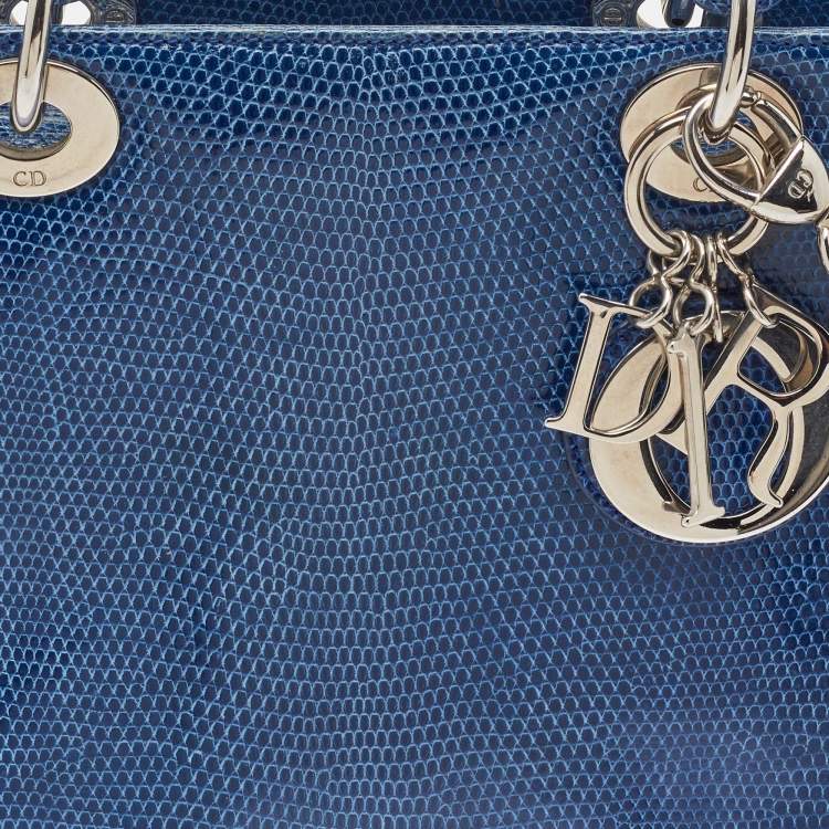 Pre Owned Dior Blue Lizard Leather Medium Lady Dior Tote