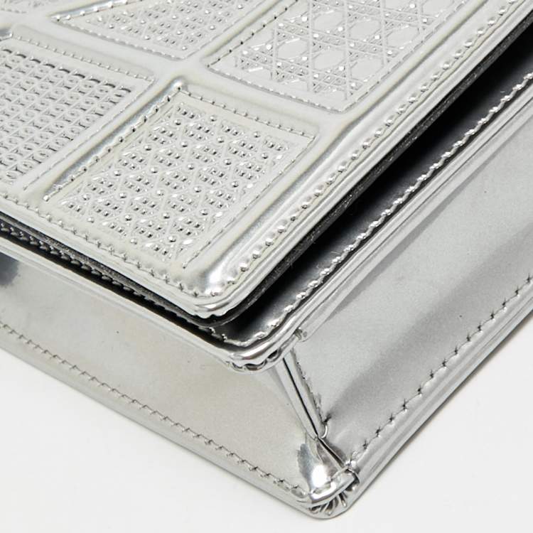 Pre Owned Dior Silver Microcannage Patent Leather Diorama Wallet on Chain