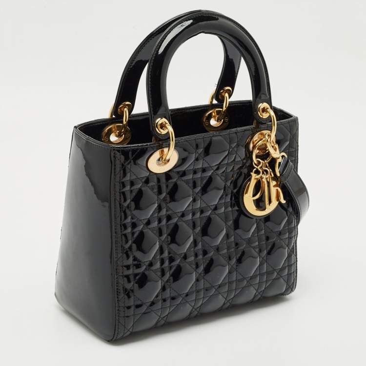 Pre Owned Dior Black Cannage Patent Leather Medium Lady Dior Tote