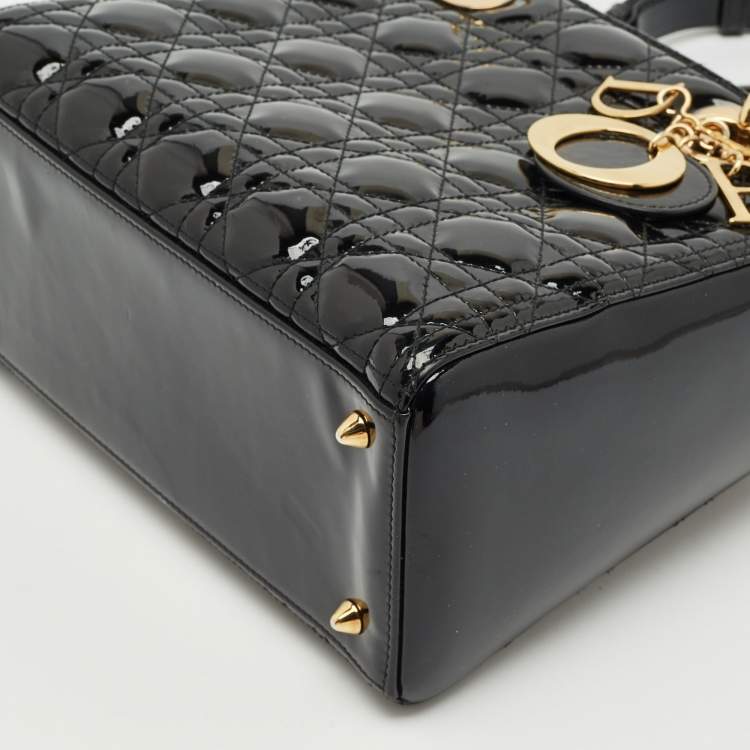 Pre Owned Dior Black Cannage Patent Leather Medium Lady Dior Tote
