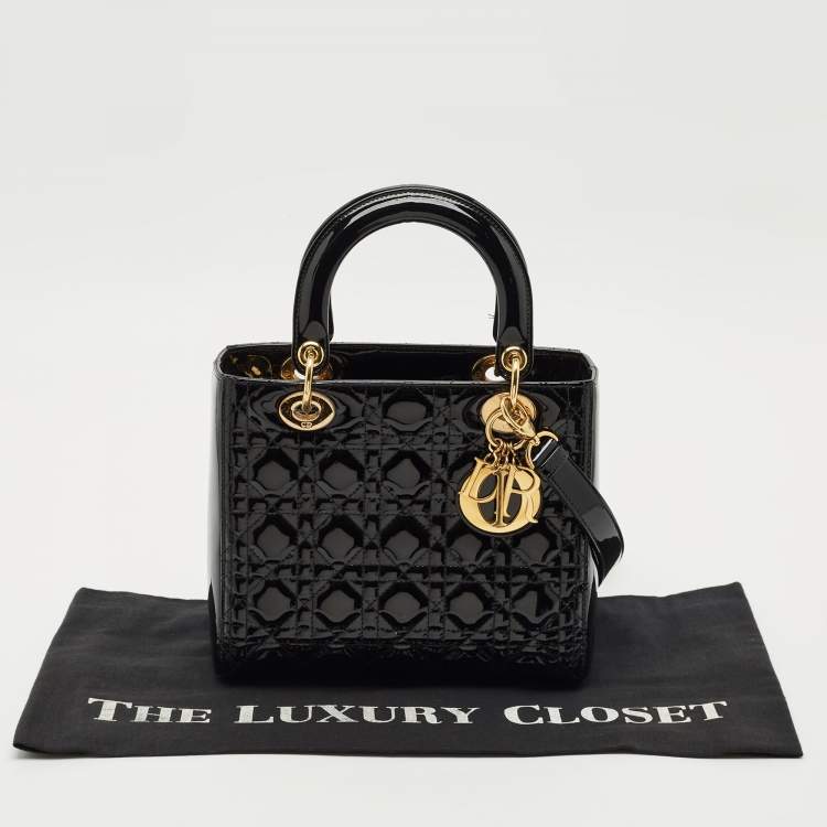 Pre Owned Dior Black Cannage Patent Leather Medium Lady Dior Tote