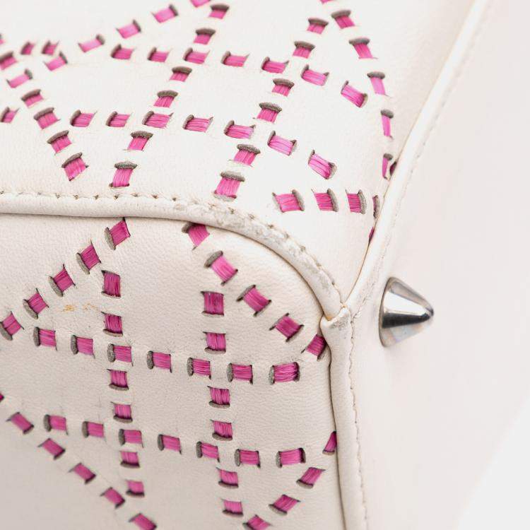 Pre Owned Dior Lady Dior Medium Pink/White Lambskin Cannage Stitched Tote Bag