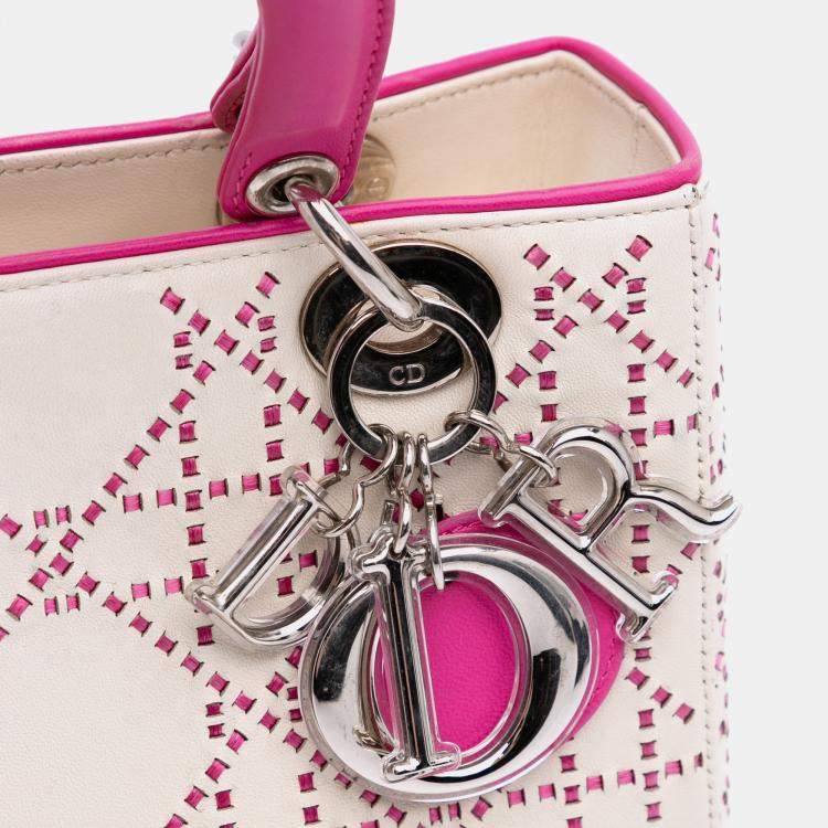 Pre Owned Dior Lady Dior Medium Pink/White Lambskin Cannage Stitched Tote Bag