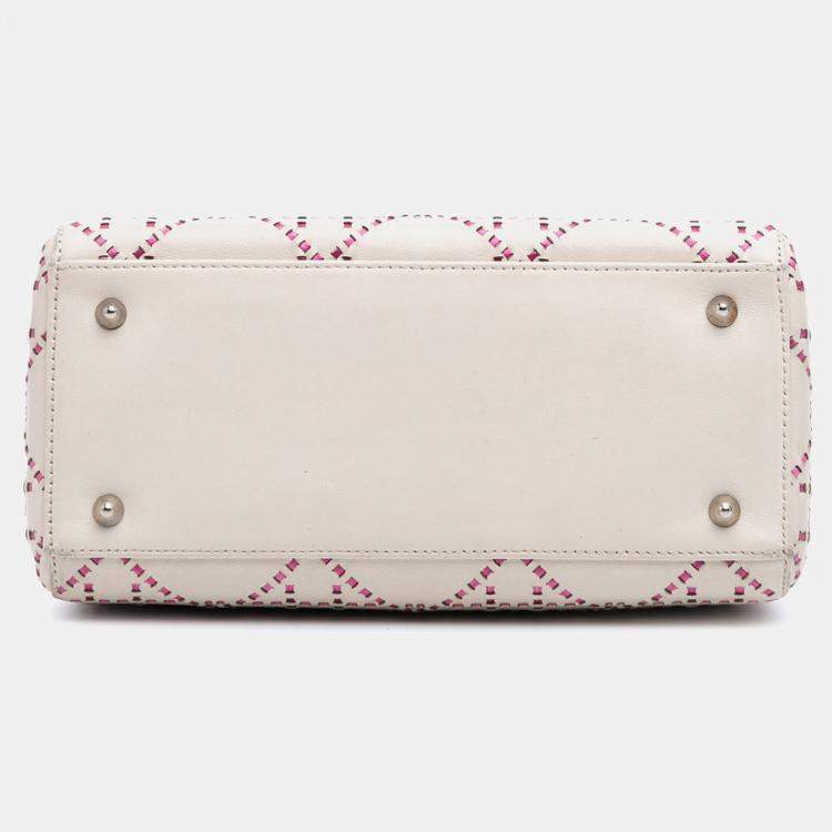 Pre Owned Dior Lady Dior Medium Pink/White Lambskin Cannage Stitched Tote Bag