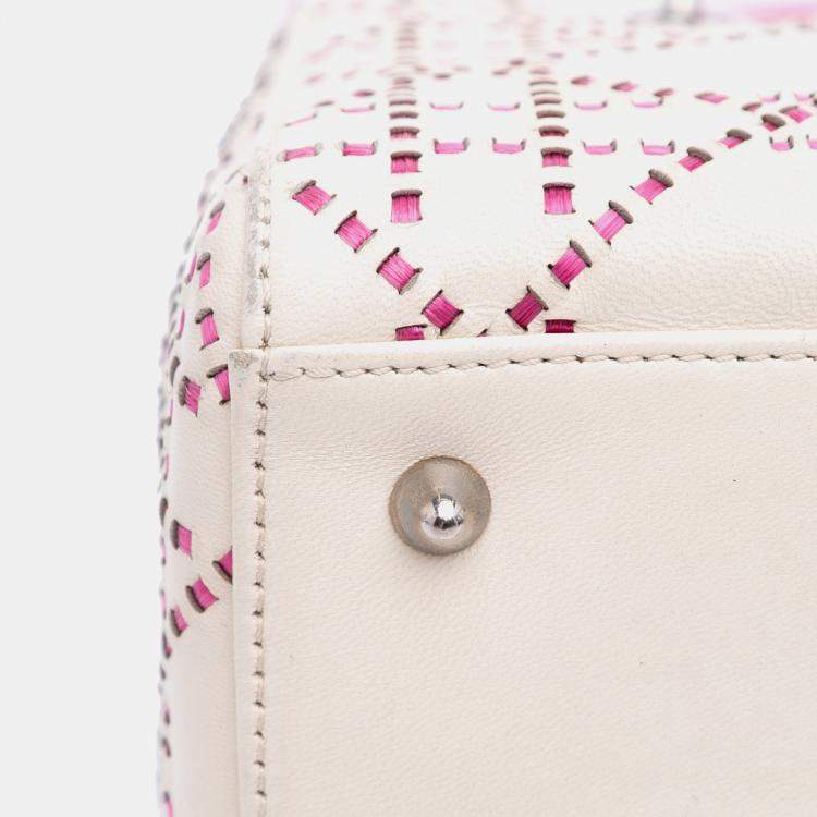 Pre Owned Dior Lady Dior Medium Pink/White Lambskin Cannage Stitched Tote Bag