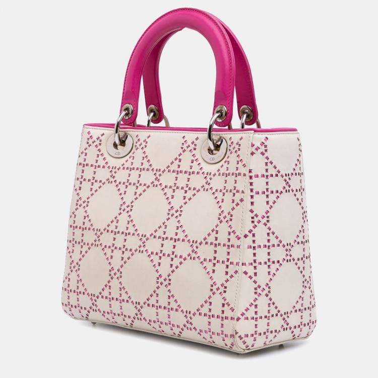 Pre Owned Dior Lady Dior Medium Pink/White Lambskin Cannage Stitched Tote Bag
