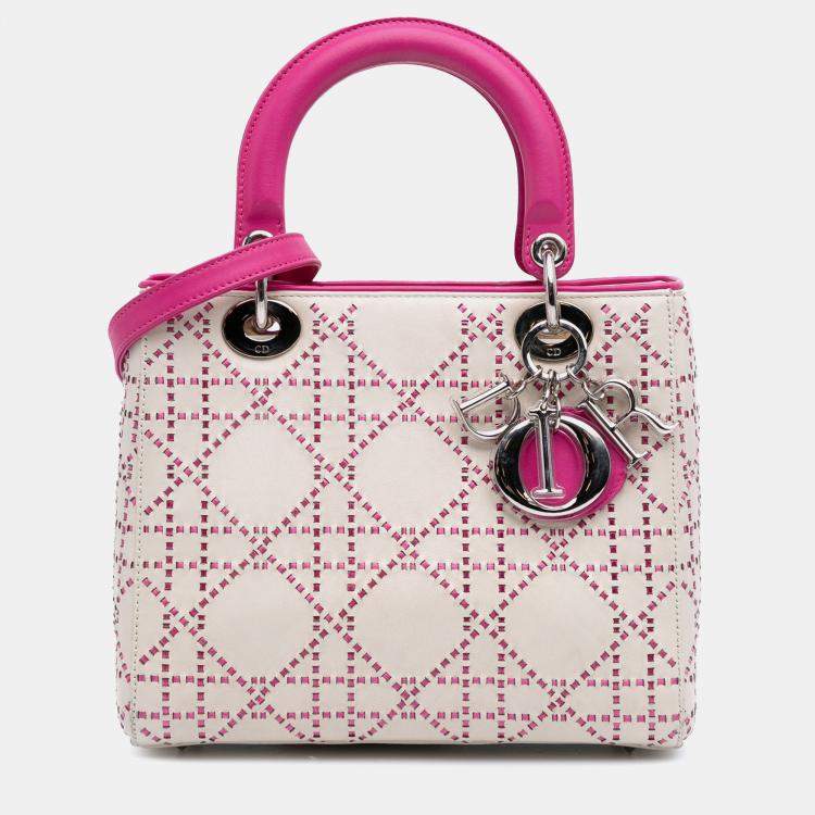 Pre Owned Dior Lady Dior Medium Pink/White Lambskin Cannage Stitched Tote Bag