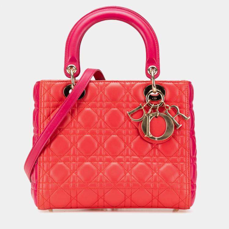 Pre Owned Dior Lady Dior Medium Red Lambskin Cannage Bag