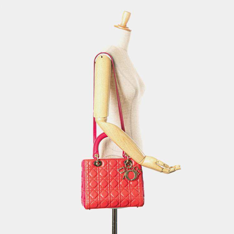 Pre Owned Dior Lady Dior Medium Red Lambskin Cannage Bag