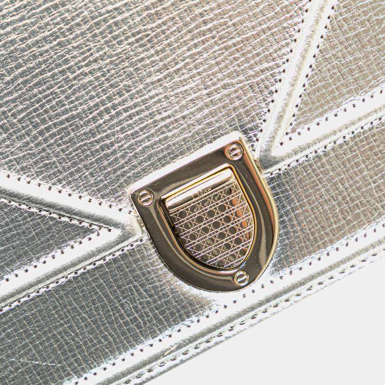 Pre Owned Dior Silver Small Metallic Grained Calfskin Diorama Flap