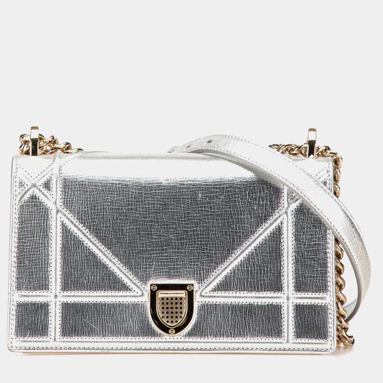 Pre Owned Dior Silver Small Metallic Grained Calfskin Diorama Flap