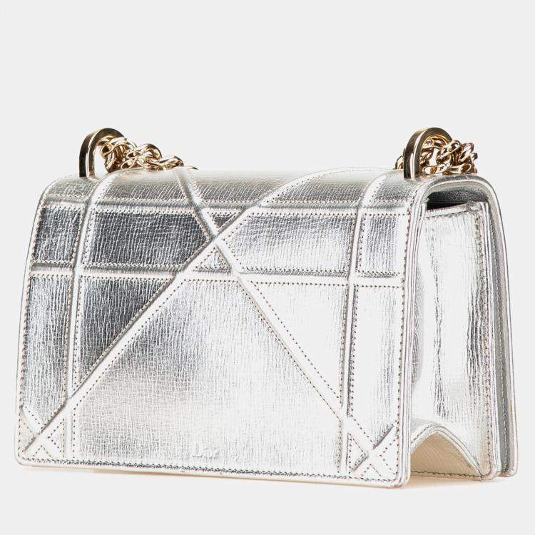 Pre Owned Dior Silver Small Metallic Grained Calfskin Diorama Flap