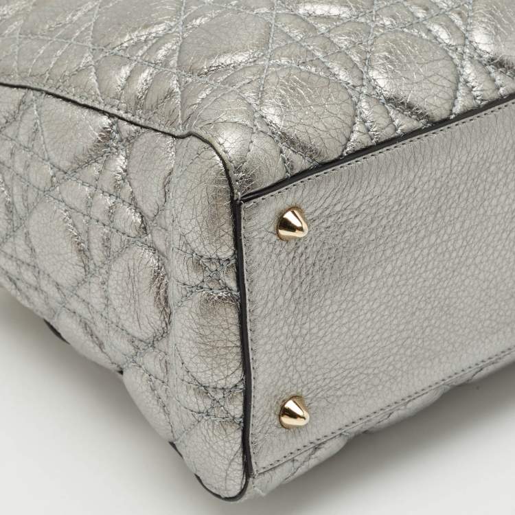 Pre Owned Dior Metallic Grey Cannage Leather Medium Lady Dior Tote