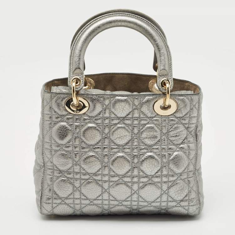 Pre Owned Dior Metallic Grey Cannage Leather Medium Lady Dior Tote
