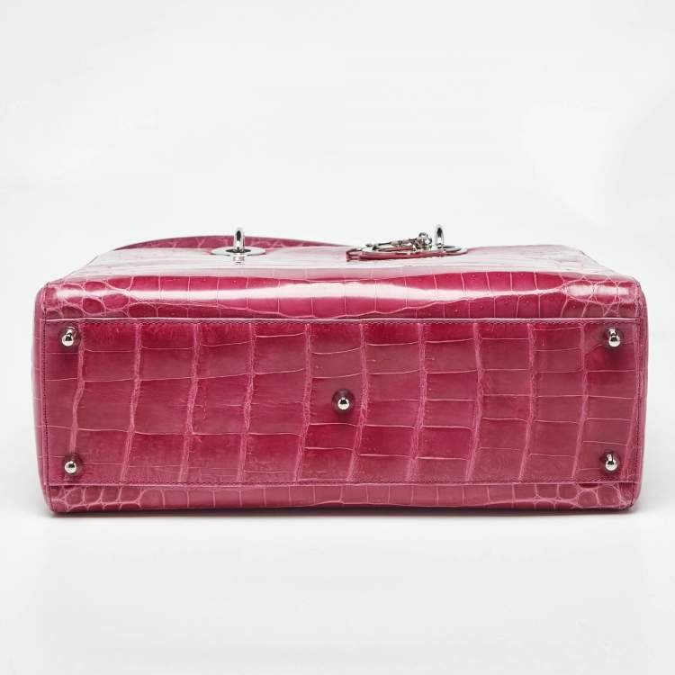 Pre Owned Dior Fuchsia Shine Crocodile Large Lady Dior Tote