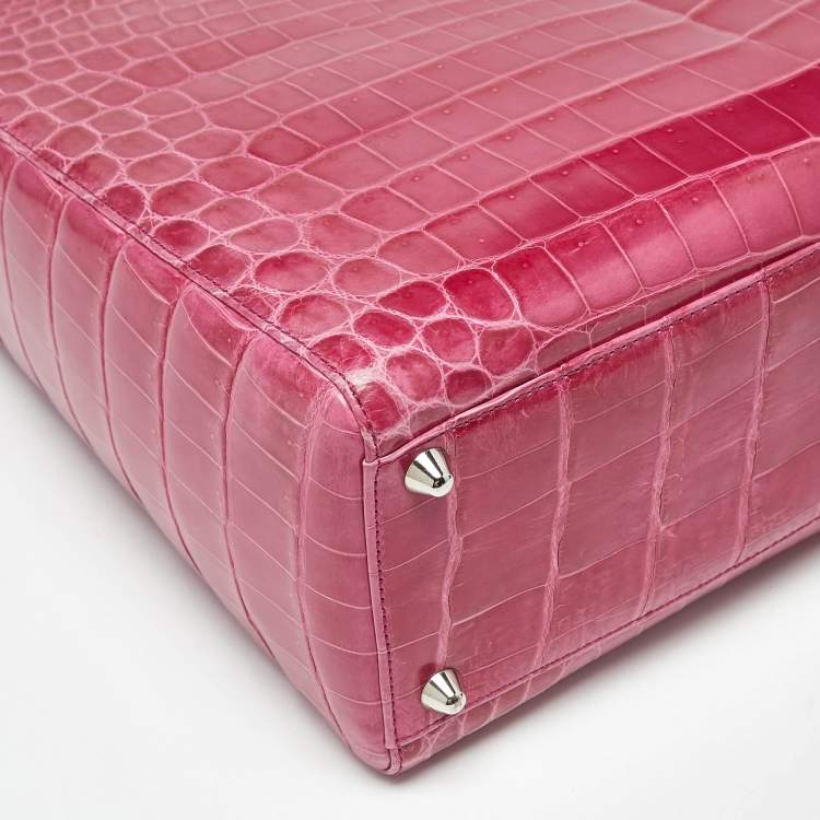 Pre Owned Dior Fuchsia Shine Crocodile Large Lady Dior Tote