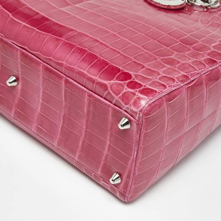 Pre Owned Dior Fuchsia Shine Crocodile Large Lady Dior Tote