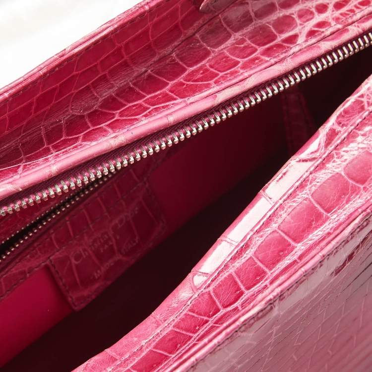 Pre Owned Dior Fuchsia Shine Crocodile Large Lady Dior Tote