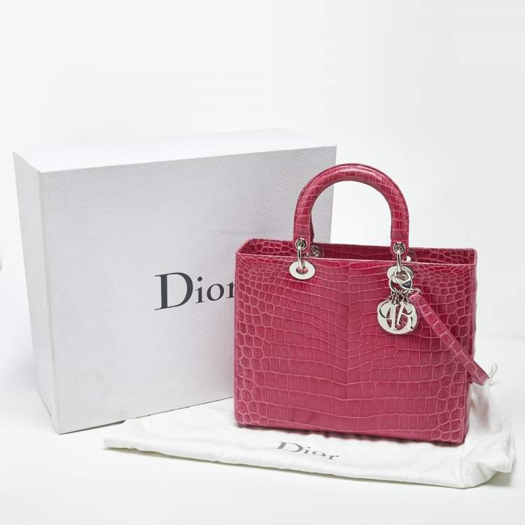 Pre Owned Dior Fuchsia Shine Crocodile Large Lady Dior Tote