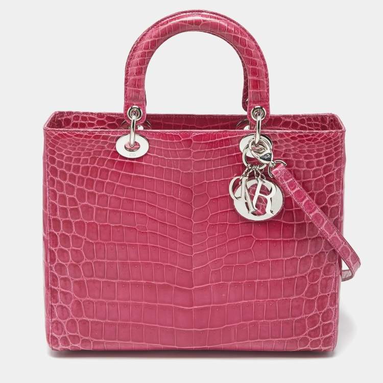 Pre Owned Dior Fuchsia Shine Crocodile Large Lady Dior Tote