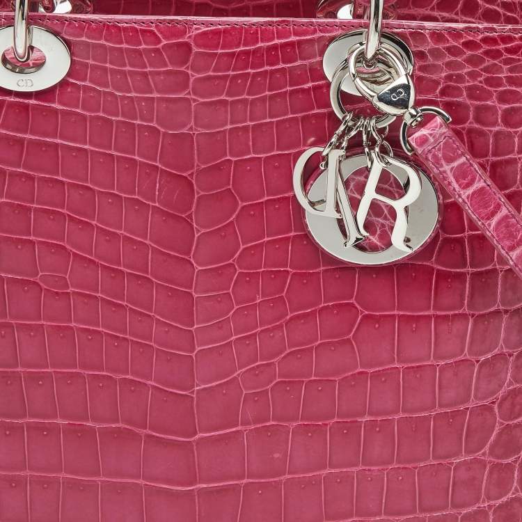 Pre Owned Dior Fuchsia Shine Crocodile Large Lady Dior Tote