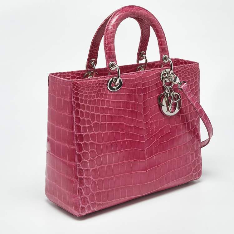 Pre Owned Dior Fuchsia Shine Crocodile Large Lady Dior Tote