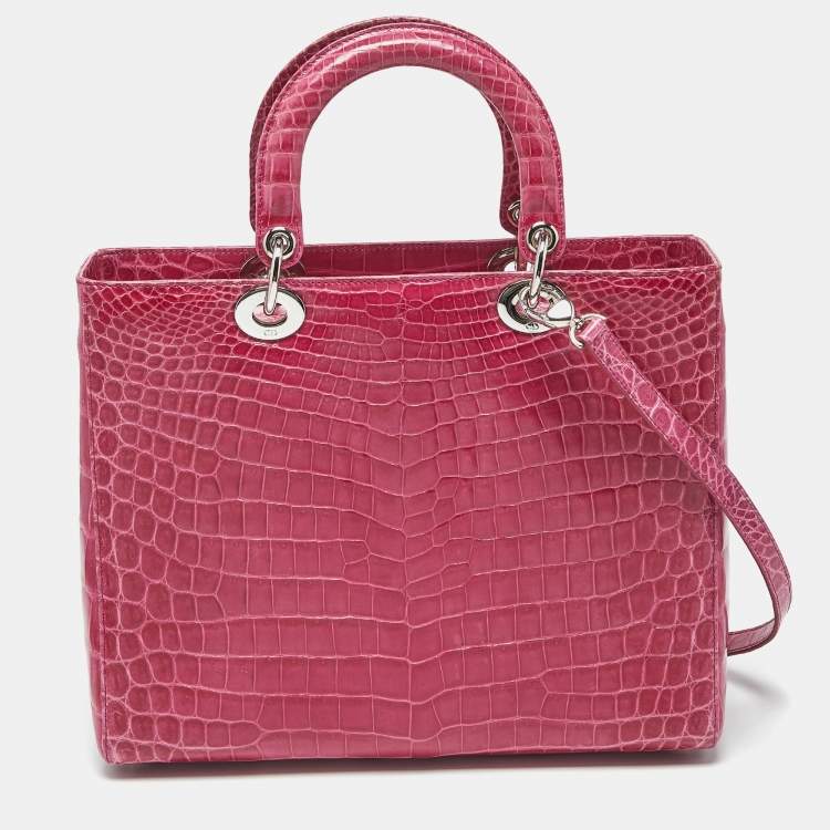 Pre Owned Dior Fuchsia Shine Crocodile Large Lady Dior Tote