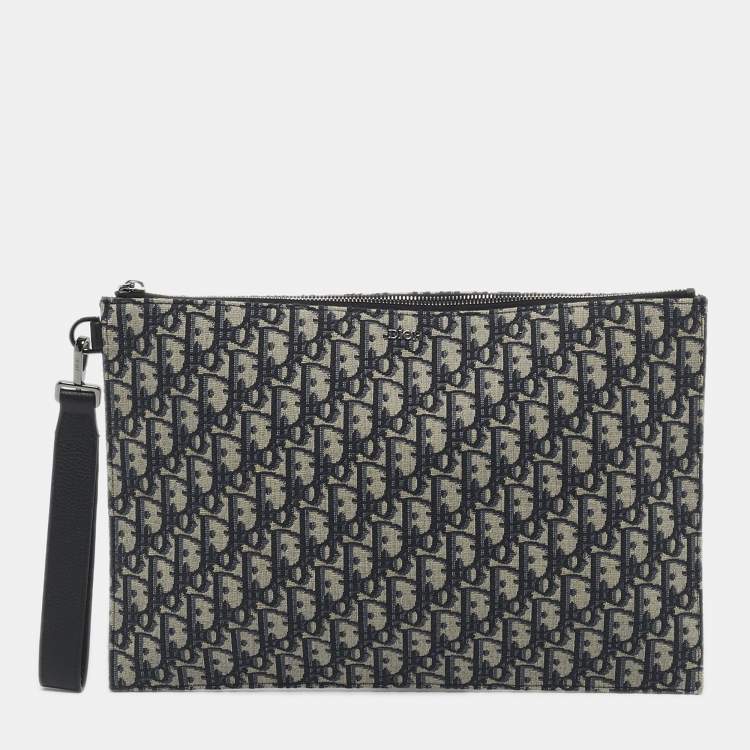 Pre Owned Dior Navy Blue Oblique Canvas and Leather A4 Clutch