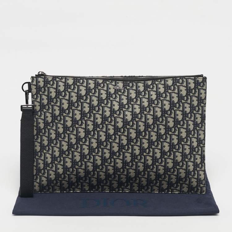 Pre Owned Dior Navy Blue Oblique Canvas and Leather A4 Clutch