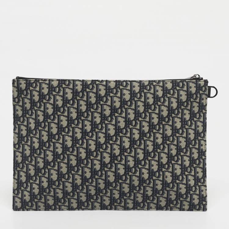 Pre Owned Dior Navy Blue Oblique Canvas and Leather A4 Clutch