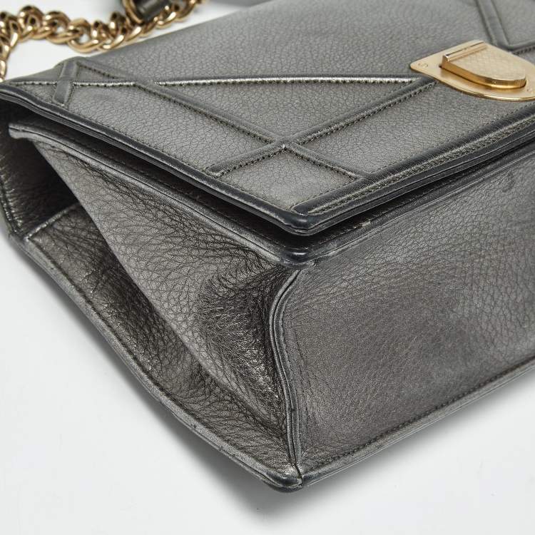 Pre Owned Dior Metallic Grey Leather Medium Diorama Flap Bag