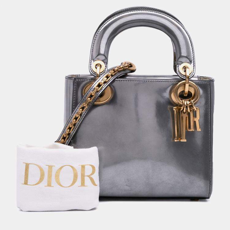Pre Owned Dior Silver Mini Metallic Glazed Calfskin Lady Dior