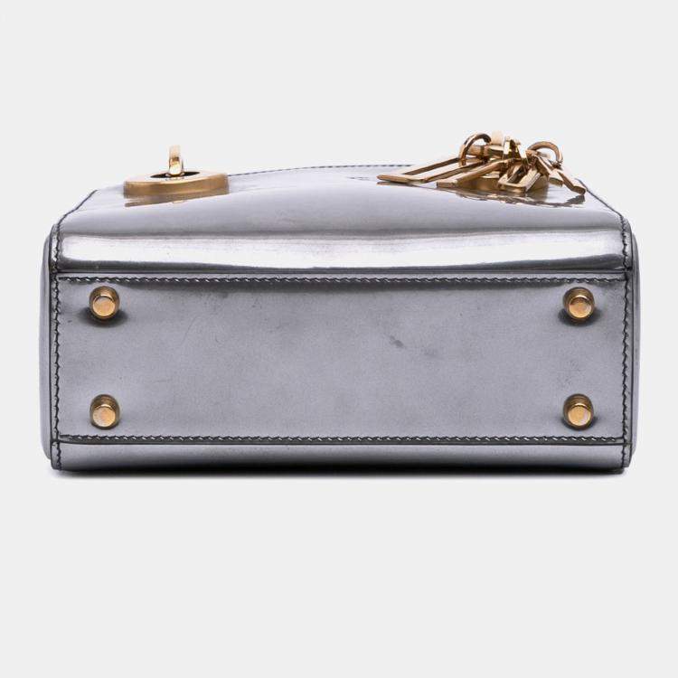 Pre Owned Dior Silver Mini Metallic Glazed Calfskin Lady Dior