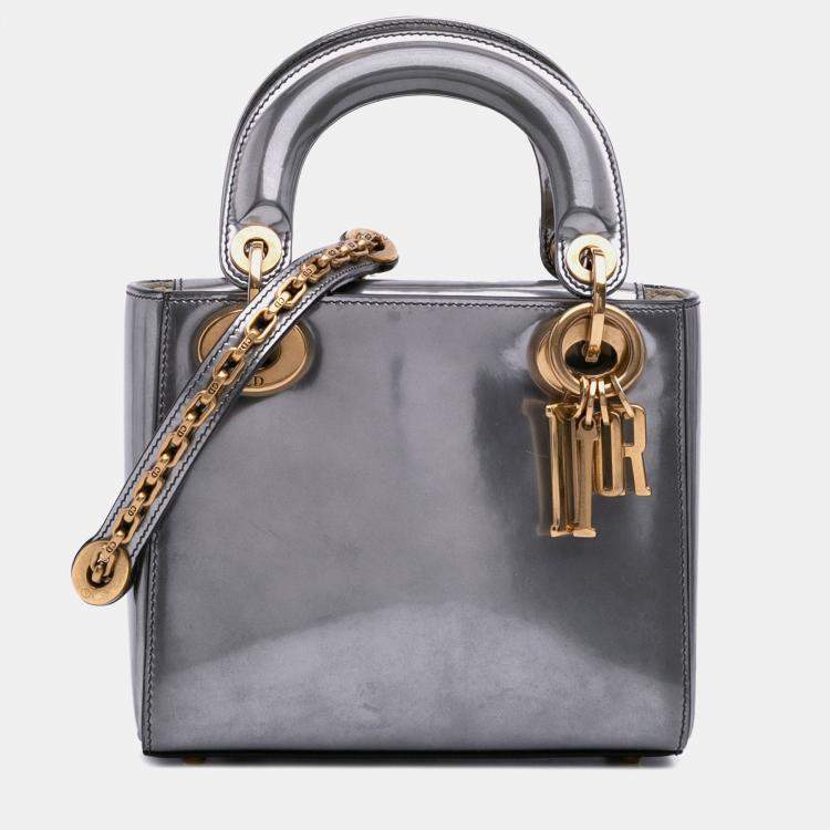 Pre Owned Dior Silver Mini Metallic Glazed Calfskin Lady Dior