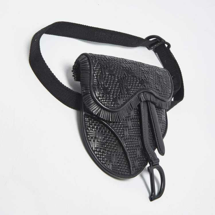 Pre Owned Dior Black Woven Leather Saddle Belt Bag
