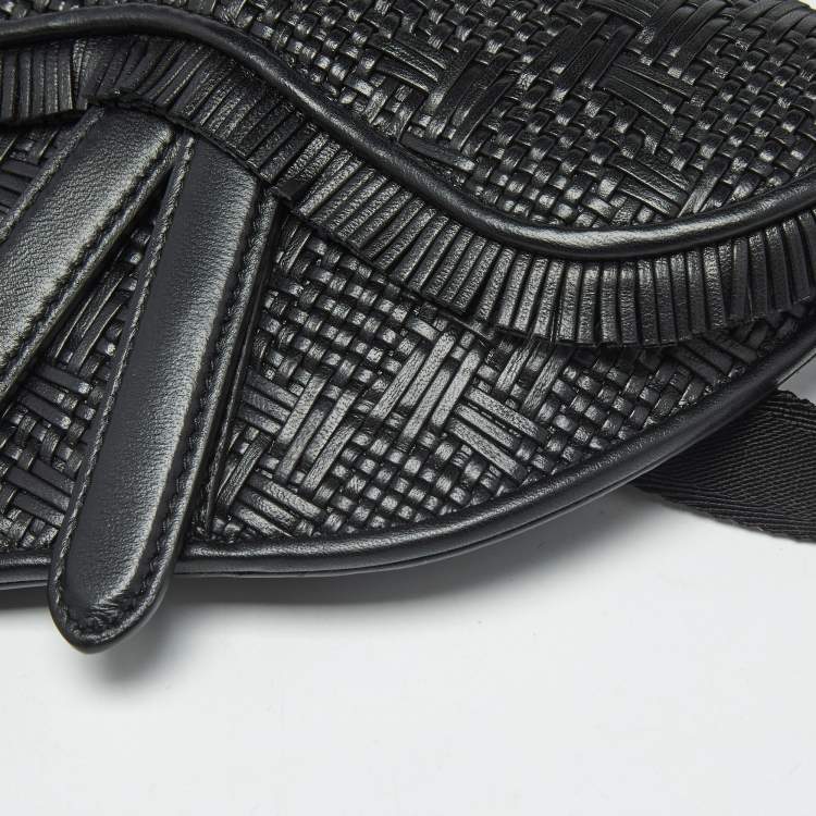 Pre Owned Dior Black Woven Leather Saddle Belt Bag